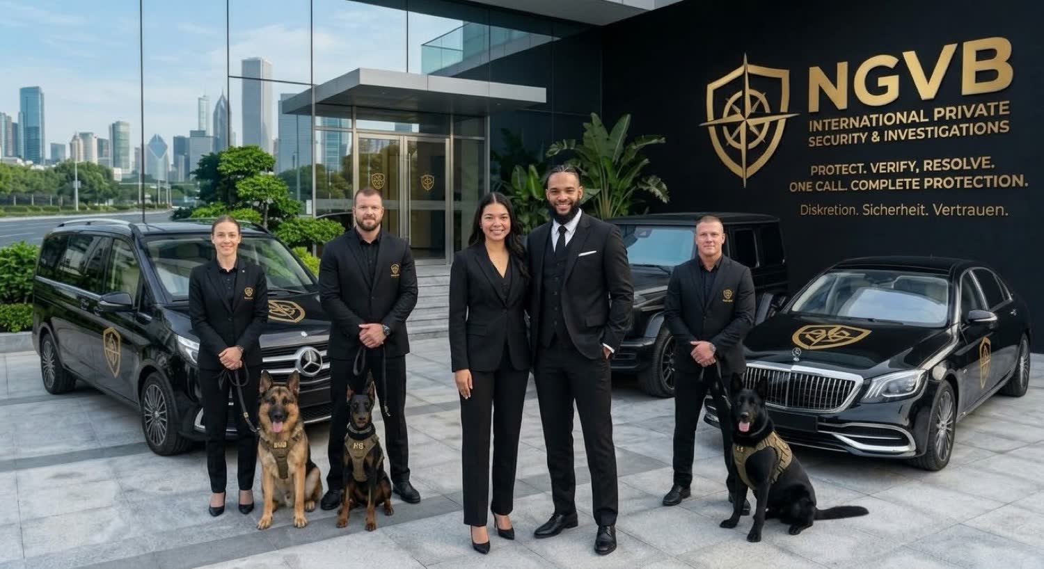 NGVB team with founders, vehicles and K9 units at headquarters entrance